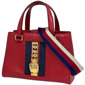 Gucci Sylvie 2-Way Handbag, Sherry Line Web Leather, Red and Navy, 460381, Wo...
